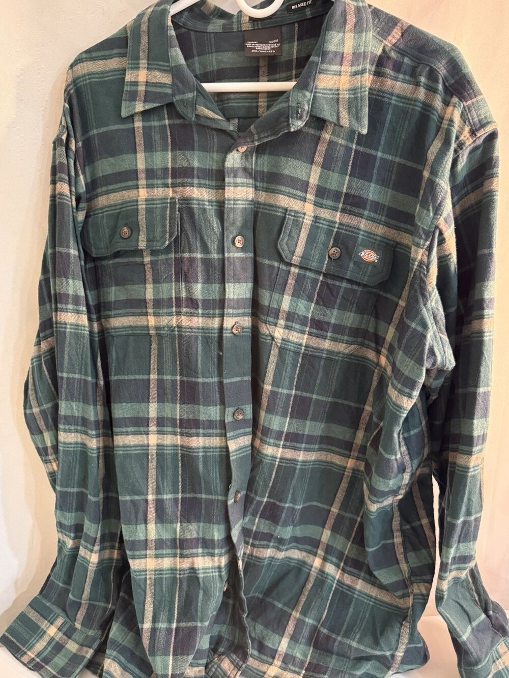 Dickies Mens Flannel Button Down Plaid Shirt 2XL Long Sleeve Blue & Green